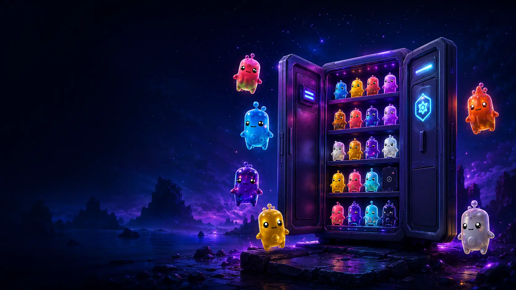 Futuristic sprite collection vault glowing in deep space